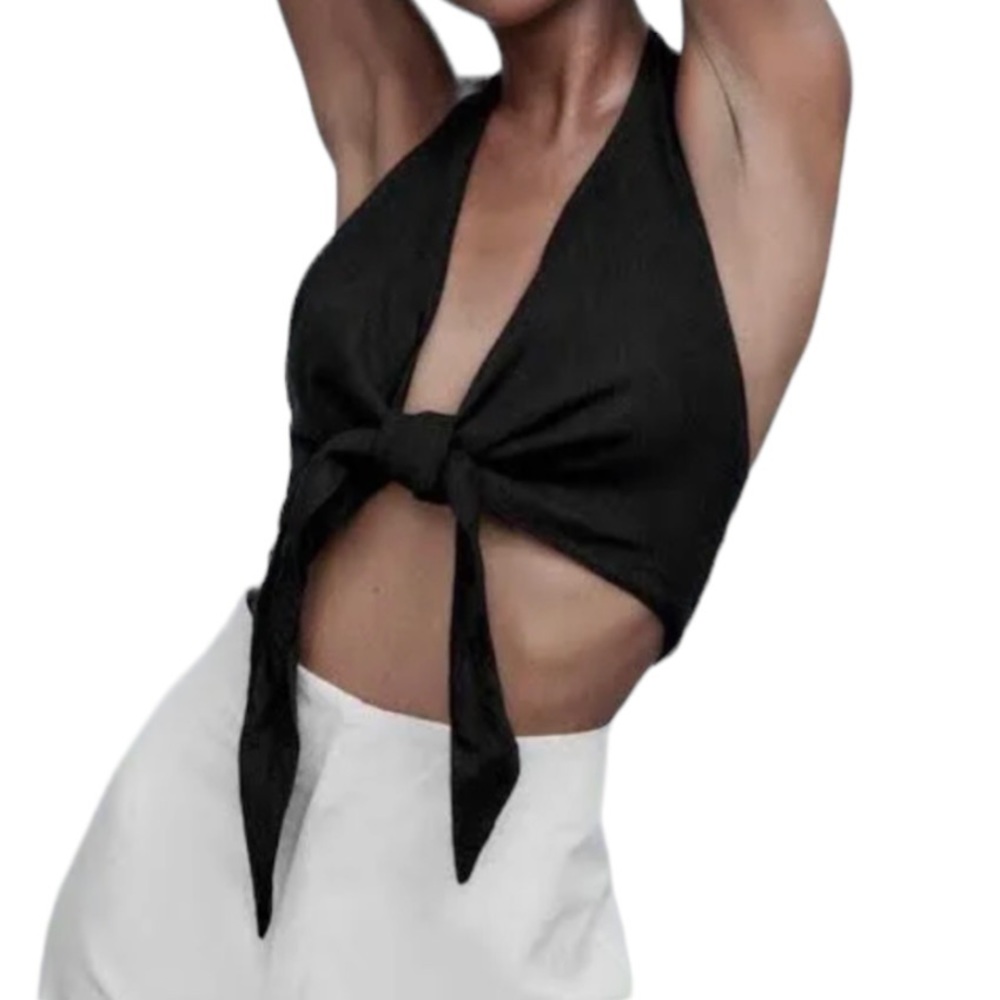 ZARA Black 100% European Grown Linen Front Tie Halter Top Size XS
